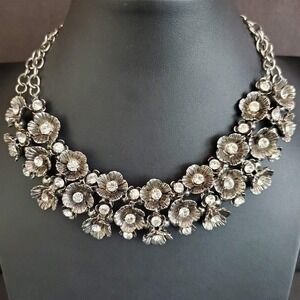 Natasha Silver Tone Rhinestone Floral Statement Bib Necklace Chunky Flower